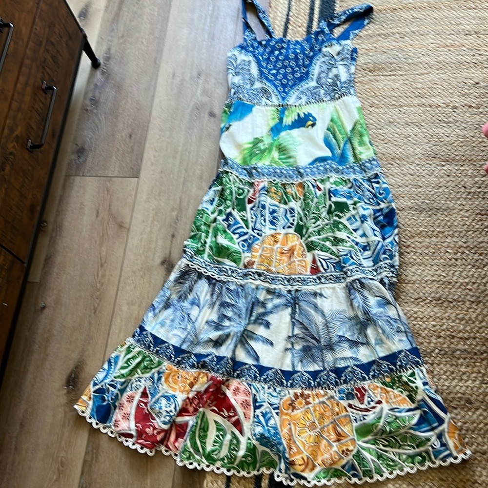 SOLD. NWT Farm Rio Tiered Blue Tiles Mixed Print Dress Medium - Picture 6 of 10